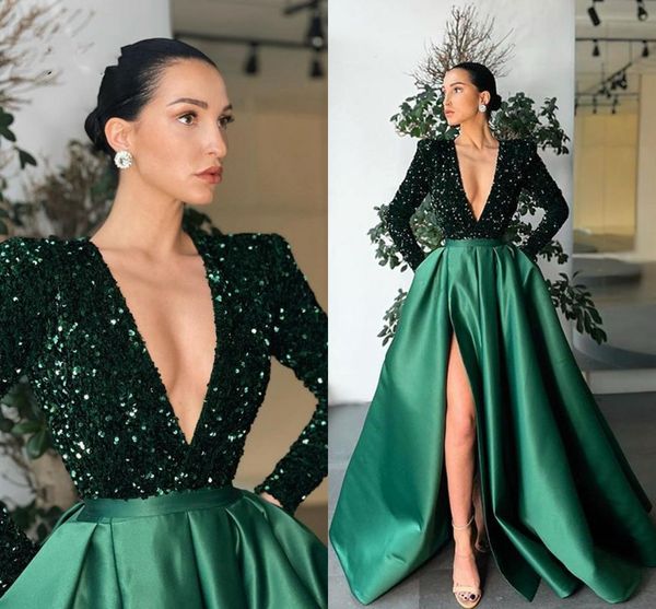 glittering sequined dark green satin prom dresses long sleeves evening gowns 2021 arabic plunging v neck side slit special occasion party dr, Black
glittering sequined dark green satin prom dresses long sleeves evening gowns 2021 arabic plunging v neck side slit special occasion party dr, Black