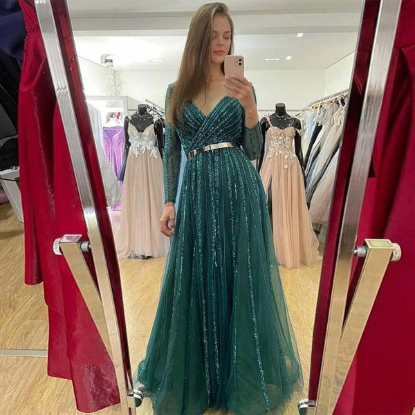 party dresses 2021 elegant emerald green long sleeve evening v neck tulle sequins beaded formal women gowns custom size, White;black
party dresses 2021 elegant emerald green long sleeve evening v neck tulle sequins beaded formal women gowns custom size, White;black