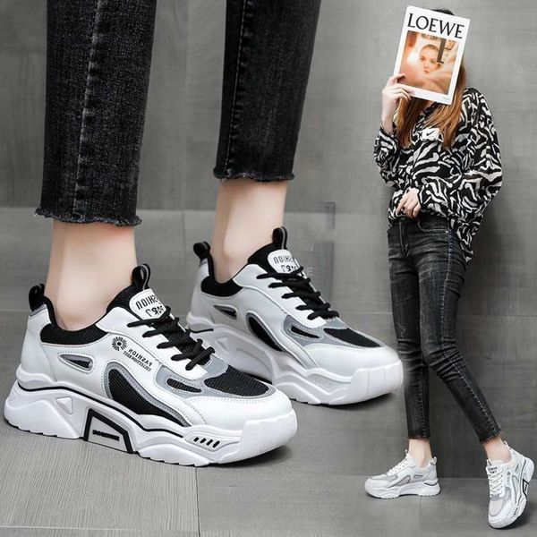 casual shoes new korean thick soled students' leisure net sports shoes in spring and summer of 2021 qxhy, Black