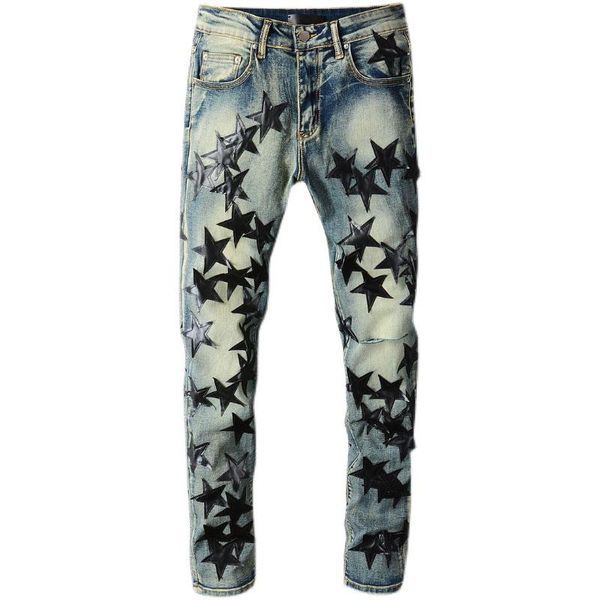 men's jeans 2021 high street stars fighting leather knee knife cut holes retro distressed trousers slim pants for men 694, Blue
men's jeans 2021 high street stars fighting leather knee knife cut holes retro distressed trousers slim pants for men 694, Blue