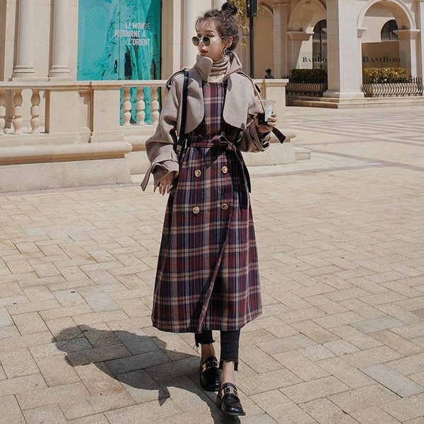 women's wool & blends woolen coat 2021 winter long loose korean lapel oatmeal stitching plaid double-breasted belted thick jacket femal, Black
women's wool & blends woolen coat 2021 winter long loose korean lapel oatmeal stitching plaid double-breasted belted thick jacket femal, Black