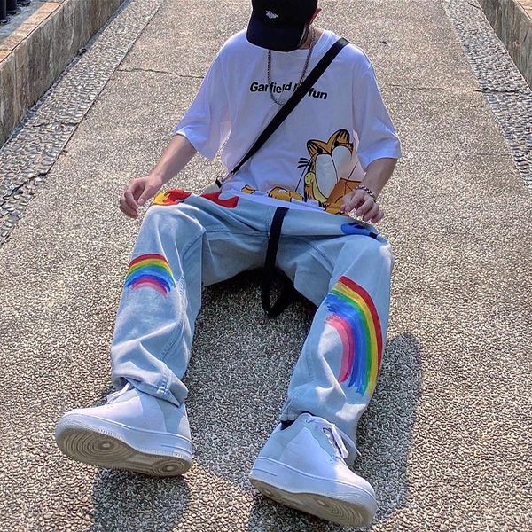 men's jeans 2021 rainbow graffiti print trendy brand wide-legged straight loose wild hip-hop street trousers, Blue
men's jeans 2021 rainbow graffiti print trendy brand wide-legged straight loose wild hip-hop street trousers, Blue
