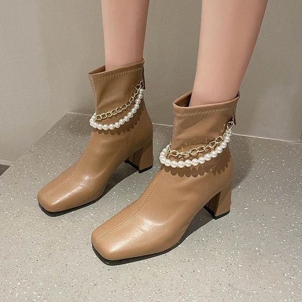 boots pu leather ankle high heel women shoes elegant square toe pearl chain thick botas mujer 2021, Black
boots pu leather ankle high heel women shoes elegant square toe pearl chain thick botas mujer 2021, Black
