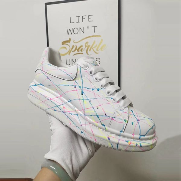 

Luminous color graffiti couple casual shoes men and women white sneakers flat bottom high-quality leather lace-up casual shoes 36-46