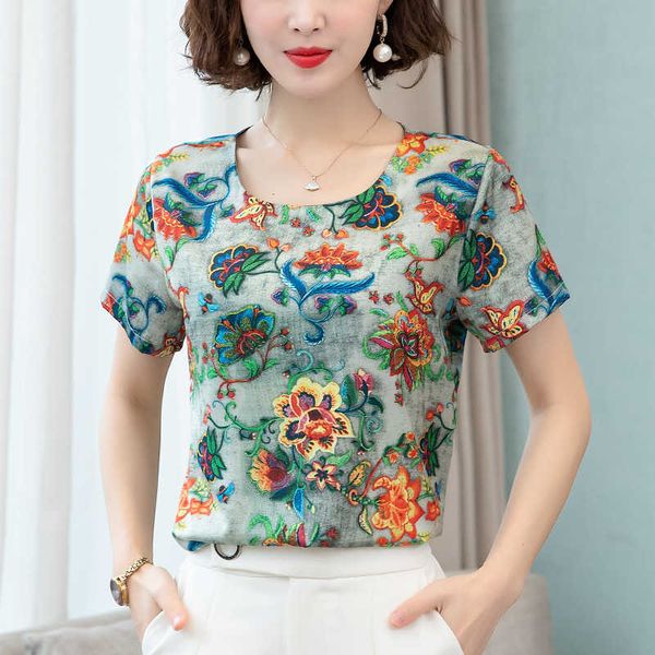 women's shirt chiffon print blouse for summer women floral satin s female short sleeve o-neck basic 210604, White
women's shirt chiffon print blouse for summer women floral satin s female short sleeve o-neck basic 210604, White