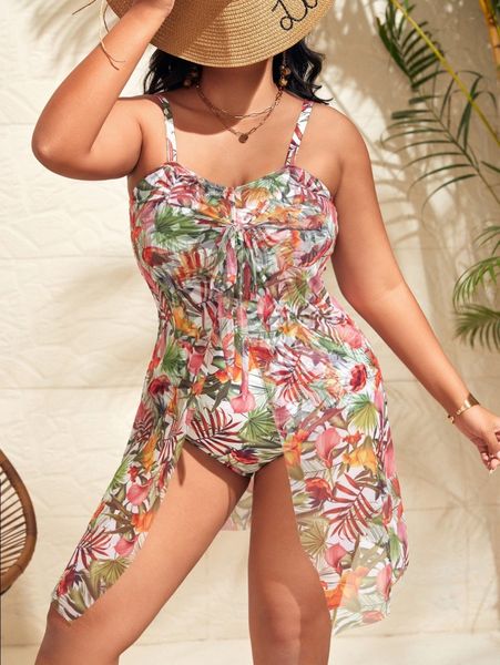 plus tropical print knot front one piece swimsuit v8do#, Black 
plus tropical print knot front one piece swimsuit v8do#, Black