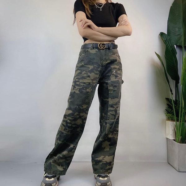 women's jeans stylish camouflage denim trousers high waist straight leg cargo pants female chic y2k wild casual retro for streetwear, Blue
women's jeans stylish camouflage denim trousers high waist straight leg cargo pants female chic y2k wild casual retro for streetwear, Blue