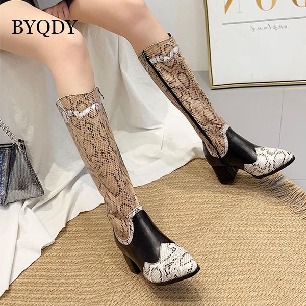 boots byqdy snakeskin knee high pointed toe zipper square heels shoes winter warm long for tall woman spain, Black