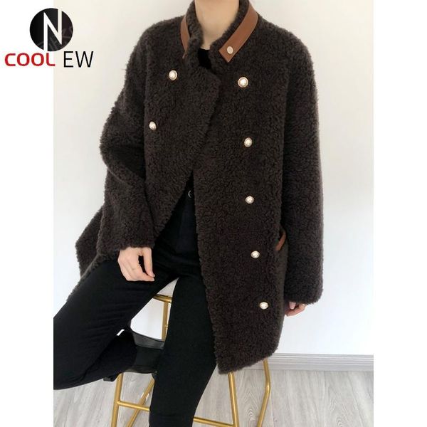women's fur & faux ptslan 2021 original wool outerwear winter fashion good quality stand collar lady's natural coat button 7904, Black