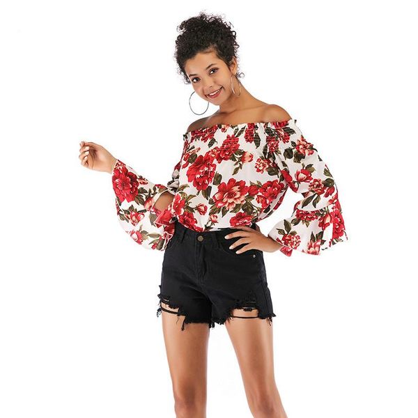 women's blouses & shirts spring fashion flower shirt women style spliced print off shoulder slash neck flare sleeve pullovers, White
women's blouses & shirts spring fashion flower shirt women style spliced print off shoulder slash neck flare sleeve pullovers, White