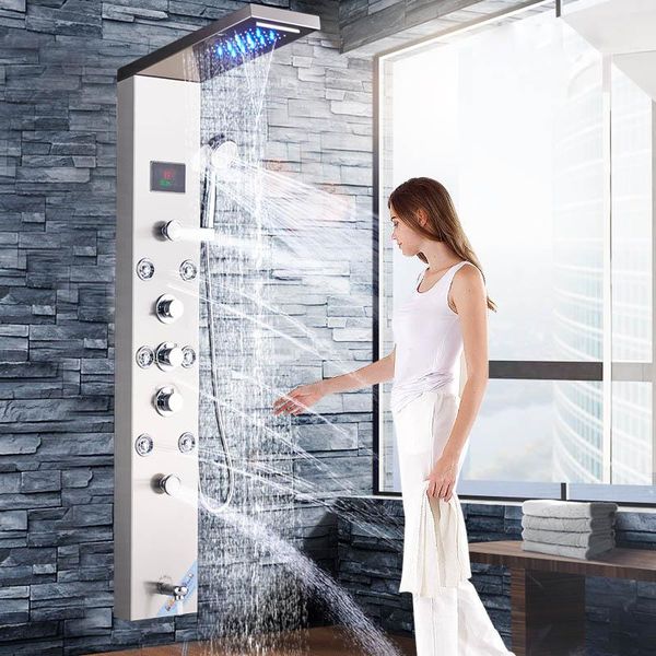brushed nickle orb bathroom luxury rain waterfall mixer shower panel led light massage jet brass tub spout column sets
brushed nickle orb bathroom luxury rain waterfall mixer shower panel led light massage jet brass tub spout column sets