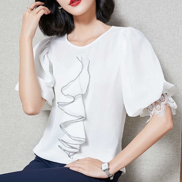 fashion white chiffon shirt women's summer blouse o-neck puff sleeve ruffles female s ol womens and blouses 210604
fashion white chiffon shirt women's summer blouse o-neck puff sleeve ruffles female s ol womens and blouses 210604