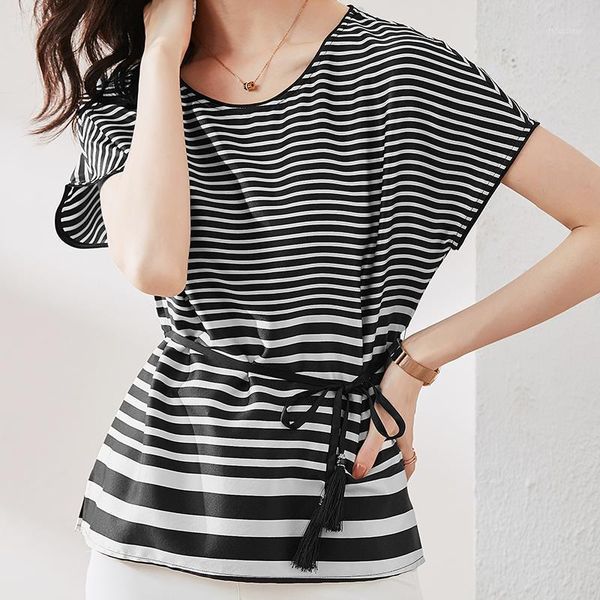 women's t-shirt striped chiffon shirt short-sleeved summer casual slim brief clothes for women, White
women's t-shirt striped chiffon shirt short-sleeved summer casual slim brief clothes for women, White