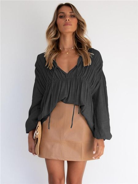 women's t-shirt women cute solid color tied-up v-neck long puff sleeves loose ruffle for spring autumn, White
women's t-shirt women cute solid color tied-up v-neck long puff sleeves loose ruffle for spring autumn, White