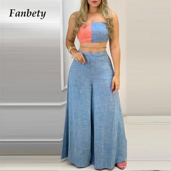 fashion denim patchwork women two piece set outfits casual strapless and pocket wide leg pant suits summer streetwear women's pant, White
fashion denim patchwork women two piece set outfits casual strapless and pocket wide leg pant suits summer streetwear women's pant, White