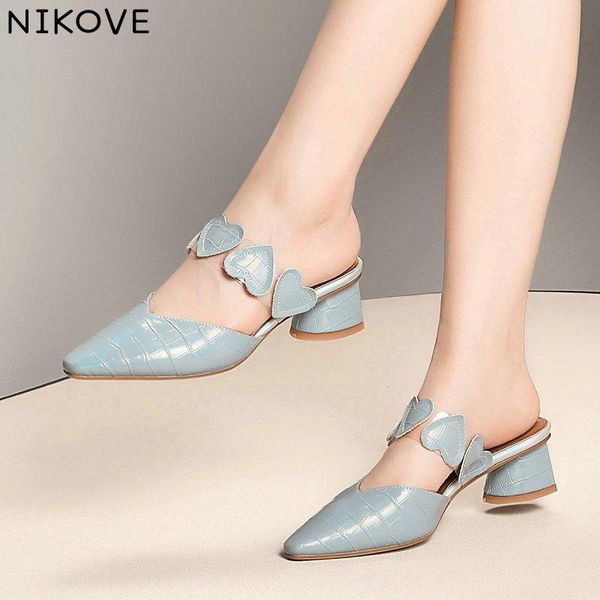 dress shoes nikove 2021 pointed toe summer women pumps leather+pu heart shaped med heel slingback casual fashion size 34-42, Black