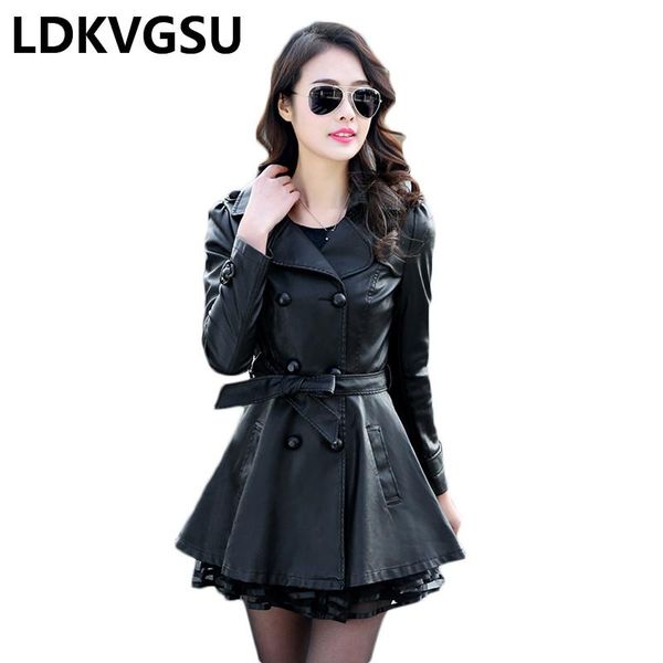women's leather & faux spring autumn plus size 5xl jacket double breasted long sleeve women elegant slim pu trench coat outwear is423, Black
women's leather & faux spring autumn plus size 5xl jacket double breasted long sleeve women elegant slim pu trench coat outwear is423, Black
