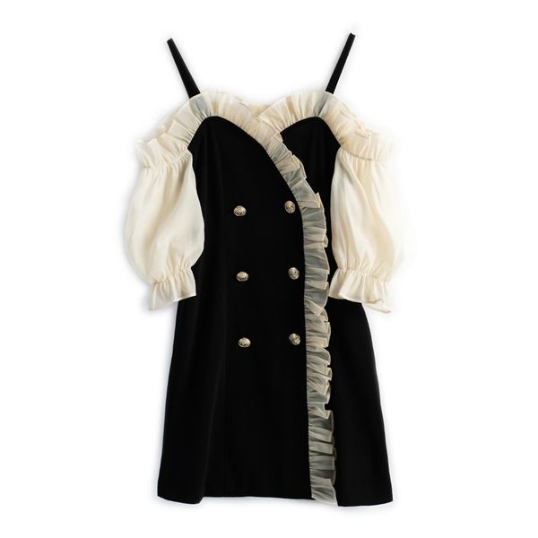 black mesh patchwork half sleeve v neck dress double breasted button summer d1928 210514, Black;gray
black mesh patchwork half sleeve v neck dress double breasted button summer d1928 210514, Black;gray