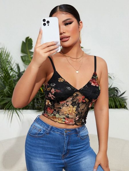 lettuce trim floral lace cami q8x8#, White