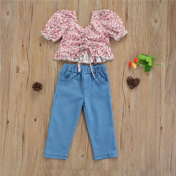 pieces kids suit sets children girls floral print v-neck short sleeve crop + solid color jeans long pants for summer clothing, White
pieces kids suit sets children girls floral print v-neck short sleeve crop + solid color jeans long pants for summer clothing, White