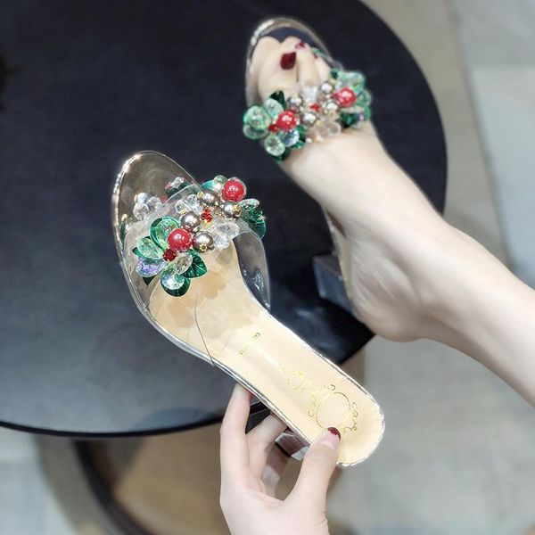 slippers 2021 summer korean transparent color diamond fish mouth high heel shoes with one word thick, Black 
slippers 2021 summer korean transparent color diamond fish mouth high heel shoes with one word thick, Black