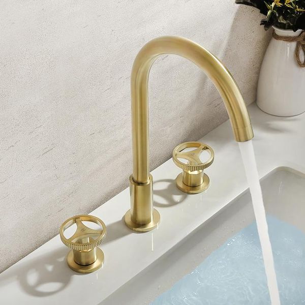 original design brushed gold brass bathroom sink faucet two handle three holes basin mixer cold tap faucets
original design brushed gold brass bathroom sink faucet two handle three holes basin mixer cold tap faucets