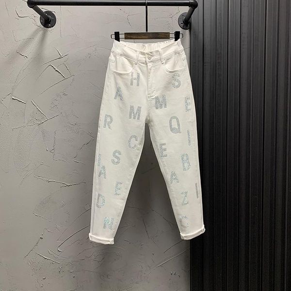 white jeans women's straight, loose, thin, high-waist, rhinestone pants 1020, Blue