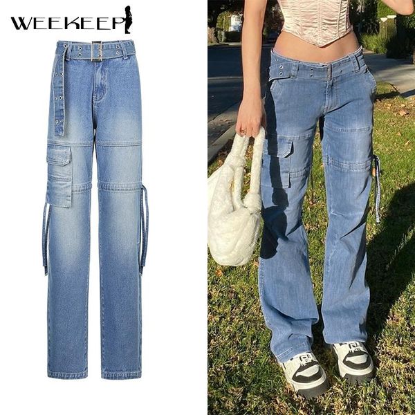 women's jeans weekeep streetwear pockets women with belt chic drawstring baggy straight denim trousers summer vintage hip lady pants, Blue
women's jeans weekeep streetwear pockets women with belt chic drawstring baggy straight denim trousers summer vintage hip lady pants, Blue