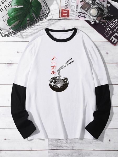 men japanese letter and noodle print tee w3az#, White;black