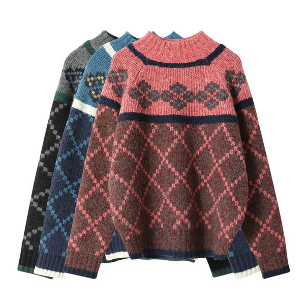 fashionable half turtleneck sweater women's diamond check outer wear winter lazy wind oversized base female 210520, White;black
fashionable half turtleneck sweater women's diamond check outer wear winter lazy wind oversized base female 210520, White;black