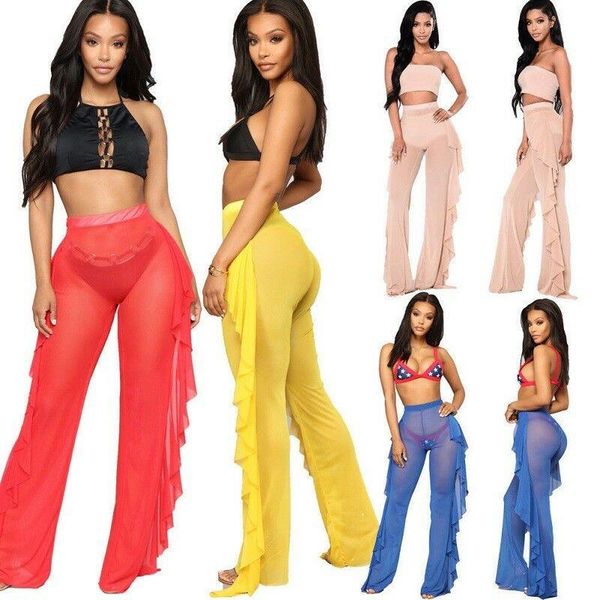 women lady high waist sheer flared ruffle mesh beach long pants solid trouser women's & capris, Black;white
women lady high waist sheer flared ruffle mesh beach long pants solid trouser women's & capris, Black;white