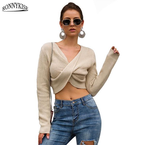 women's sweaters ronnykise crop knitted women fashion long sleeve v-neck cross pullovers womens casual short, White;black 
women's sweaters ronnykise crop knitted women fashion long sleeve v-neck cross pullovers womens casual short, White;black