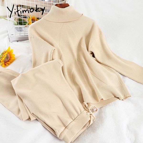 women's two piece pants yitimoky 2 pieces set women knitted outwear sweater turtleneck pullover 2021 fall winter suit drawstring elasti, White 
women's two piece pants yitimoky 2 pieces set women knitted outwear sweater turtleneck pullover 2021 fall winter suit drawstring elasti, White