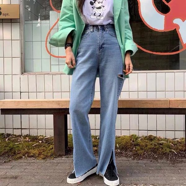 wet spring-slash-female ribbon tear hole denim high-waisted straight-line side split vintage jeans long pant, Blue
wet spring-slash-female ribbon tear hole denim high-waisted straight-line side split vintage jeans long pant, Blue