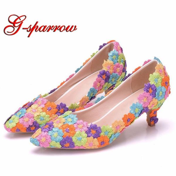 dress shoes colorful lace flower wedding party thin heel formal 5cm kitten pointed toe female single size, Black
dress shoes colorful lace flower wedding party thin heel formal 5cm kitten pointed toe female single size, Black