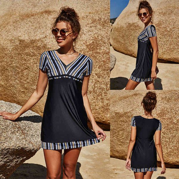swimwears summer short skirt light proof shorts v-neck split swimsuit conservative stripe print two piece set, White;black
swimwears summer short skirt light proof shorts v-neck split swimsuit conservative stripe print two piece set, White;black