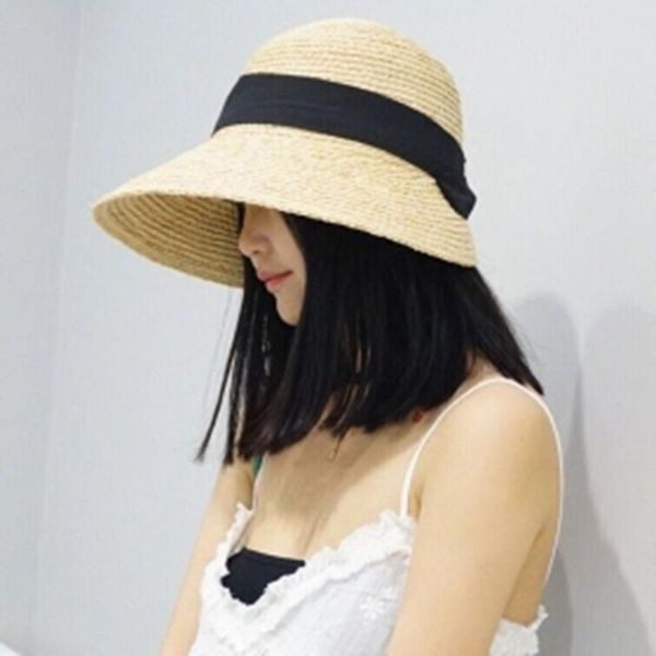 

100% Raffia Women Sun Hat Lady Dome Summer Wide Brim Beach Sunbonnet Bucket Caps With Fashion Bowknot Size 56-58CM Hats, Blue;gray