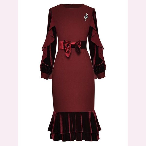 est high fashion 2021 spring o-neck ruffled long sleeve brooch bag hip velvet stitching bottoming fishtail dress casual dresses, Black;gray
est high fashion 2021 spring o-neck ruffled long sleeve brooch bag hip velvet stitching bottoming fishtail dress casual dresses, Black;gray
