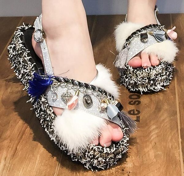 carpaton selling woman sandals leather fur flat platform shoes summer open toe sequins beaded tassel, Black
carpaton selling woman sandals leather fur flat platform shoes summer open toe sequins beaded tassel, Black