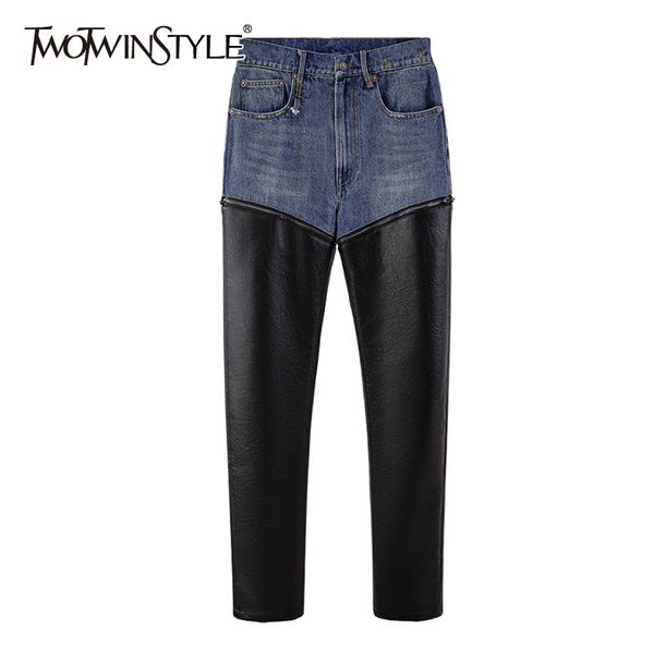 twotwinstyle hit color patchwork pu leather jeans for women high waist casual denim pants female fashion new clothing new 210428, Blue
twotwinstyle hit color patchwork pu leather jeans for women high waist casual denim pants female fashion new clothing new 210428, Blue