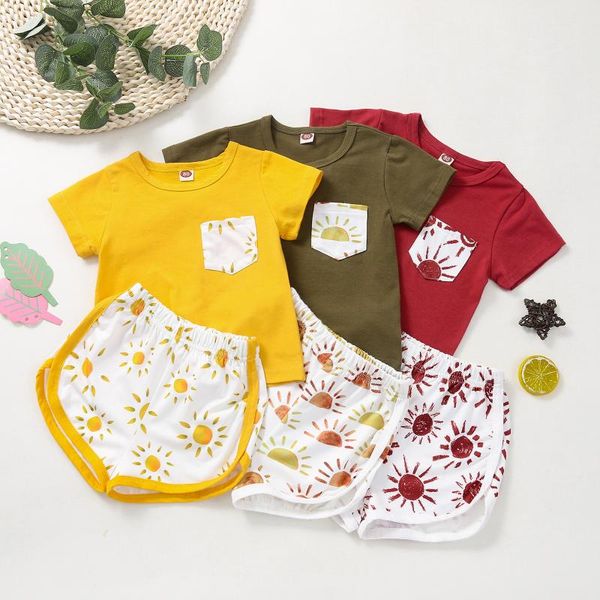 clothing sets girl\u2021s casual t-shirt and shorts set fashion pocket short sleeve sun printed pants, White 
clothing sets girl\u2021s casual t-shirt and shorts set fashion pocket short sleeve sun printed pants, White