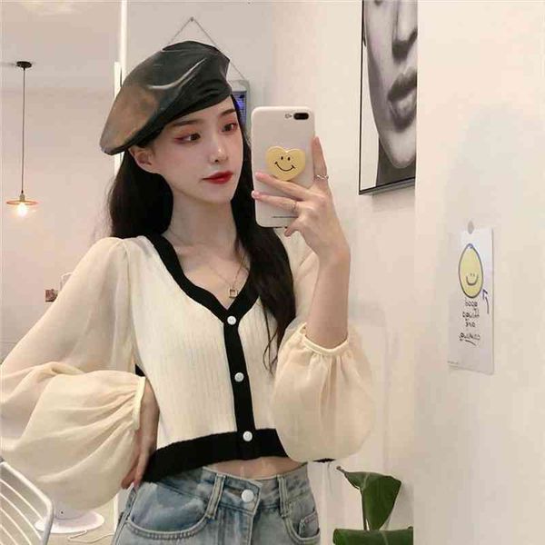 woman sweaters autumn stitching chiffon long-sleeved sweater v-neck short sweater for women, White;black
woman sweaters autumn stitching chiffon long-sleeved sweater v-neck short sweater for women, White;black
