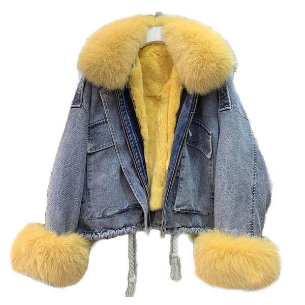 women's leather & faux denim jacket with fur natural collar cuff real rex lining winter female warm jackets bomber windbreak, Black
women's leather & faux denim jacket with fur natural collar cuff real rex lining winter female warm jackets bomber windbreak, Black