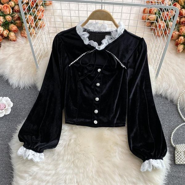 women's blouses & shirts autumn women black hollow out lace velvet blouse vintage stand collar puff long sleeve patchwork short female, White
women's blouses & shirts autumn women black hollow out lace velvet blouse vintage stand collar puff long sleeve patchwork short female, White