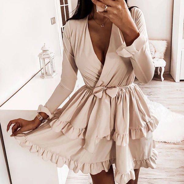 cvyataya new arrived flared sleeves ruffles v neck dress women spring autumn long sleeve a-line solid sashes mini dresses, Black;gray
cvyataya new arrived flared sleeves ruffles v neck dress women spring autumn long sleeve a-line solid sashes mini dresses, Black;gray