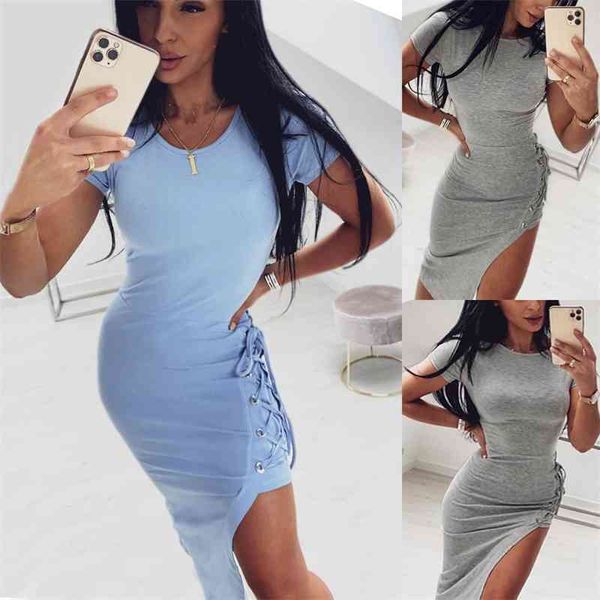 women dress summer solid o-neck short sleeve corn eyes cross bandage package hip dress lady side split bodycon midi dresses 210507, Black;gray
women dress summer solid o-neck short sleeve corn eyes cross bandage package hip dress lady side split bodycon midi dresses 210507, Black;gray