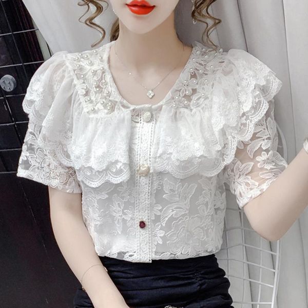 women's blouses & shirts blusas loose vintage ladies korean lace floral embroidered summer 2021 v collar short sleeve shirt 938a, White 
women's blouses & shirts blusas loose vintage ladies korean lace floral embroidered summer 2021 v collar short sleeve shirt 938a, White