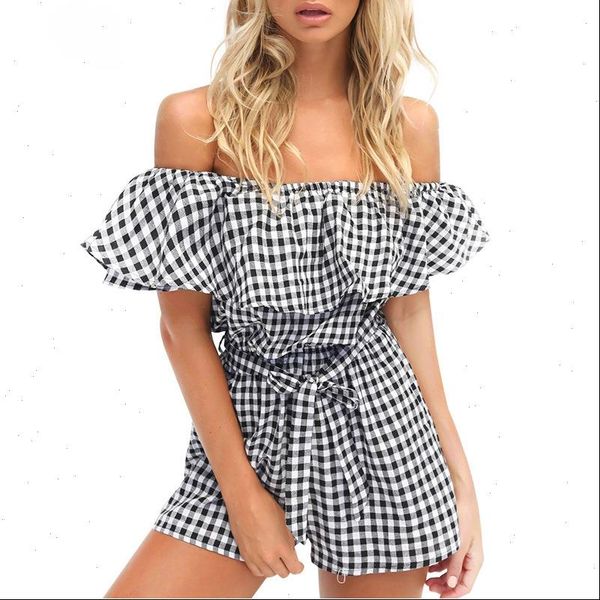 women romper off shoulder slim plaid jumpsuit summer beachwear ruffles playsuit ladies overalls combinaison femme, Black;white
women romper off shoulder slim plaid jumpsuit summer beachwear ruffles playsuit ladies overalls combinaison femme, Black;white