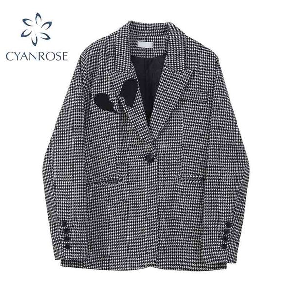 women designer blazer jacket black plaid vintage elegant single button coat office ladies casual loose outwear 210430, White;black
women designer blazer jacket black plaid vintage elegant single button coat office ladies casual loose outwear 210430, White;black