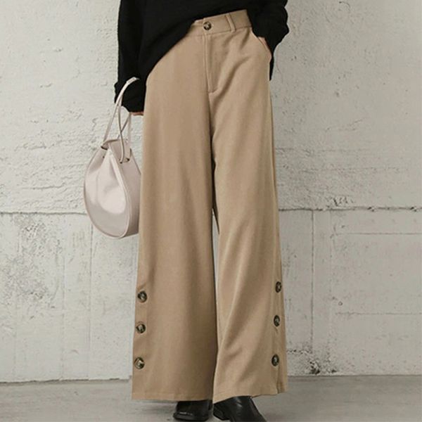 women loose button split wide leg long pants spring solid high waist trousers female casual plus size sport fitness pants 210416, Black;white
women loose button split wide leg long pants spring solid high waist trousers female casual plus size sport fitness pants 210416, Black;white